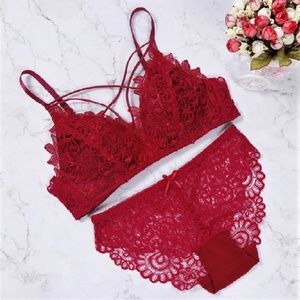 Red Lace Padded Bra and Panties Matching Set